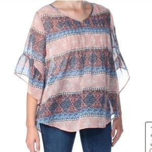 STYLE & CO MEDALLION TRAIL CREPE BOHO SHEER TOP, 2X